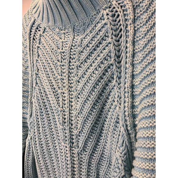 Free People Sweetheart Light Blue Cotton Chunky Cable Knit Mock Neck Sweater L - Picture 3 of 7